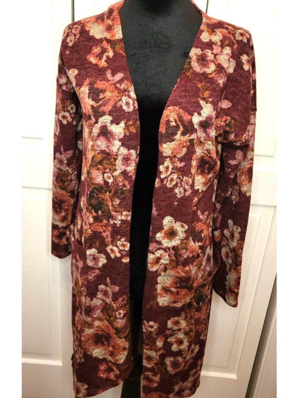 Moa Moa Burgundy Pink Floral M Duster Open Cardigan Boho Fall Romantic Feminine